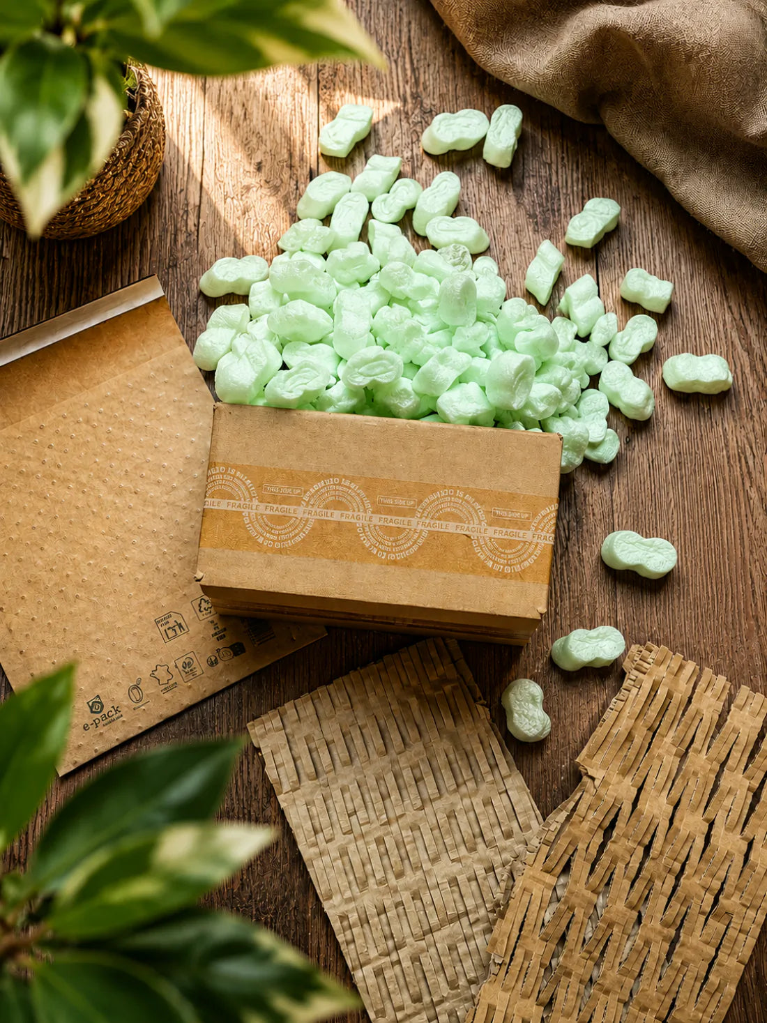 A cardboard box with plant-based, biodegradable packing chips, a kraft paper mailer and paper padding.
