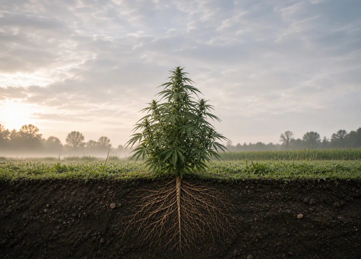 A hemp plant in a field at sunrise, with its entire root system visible below the soil surface.